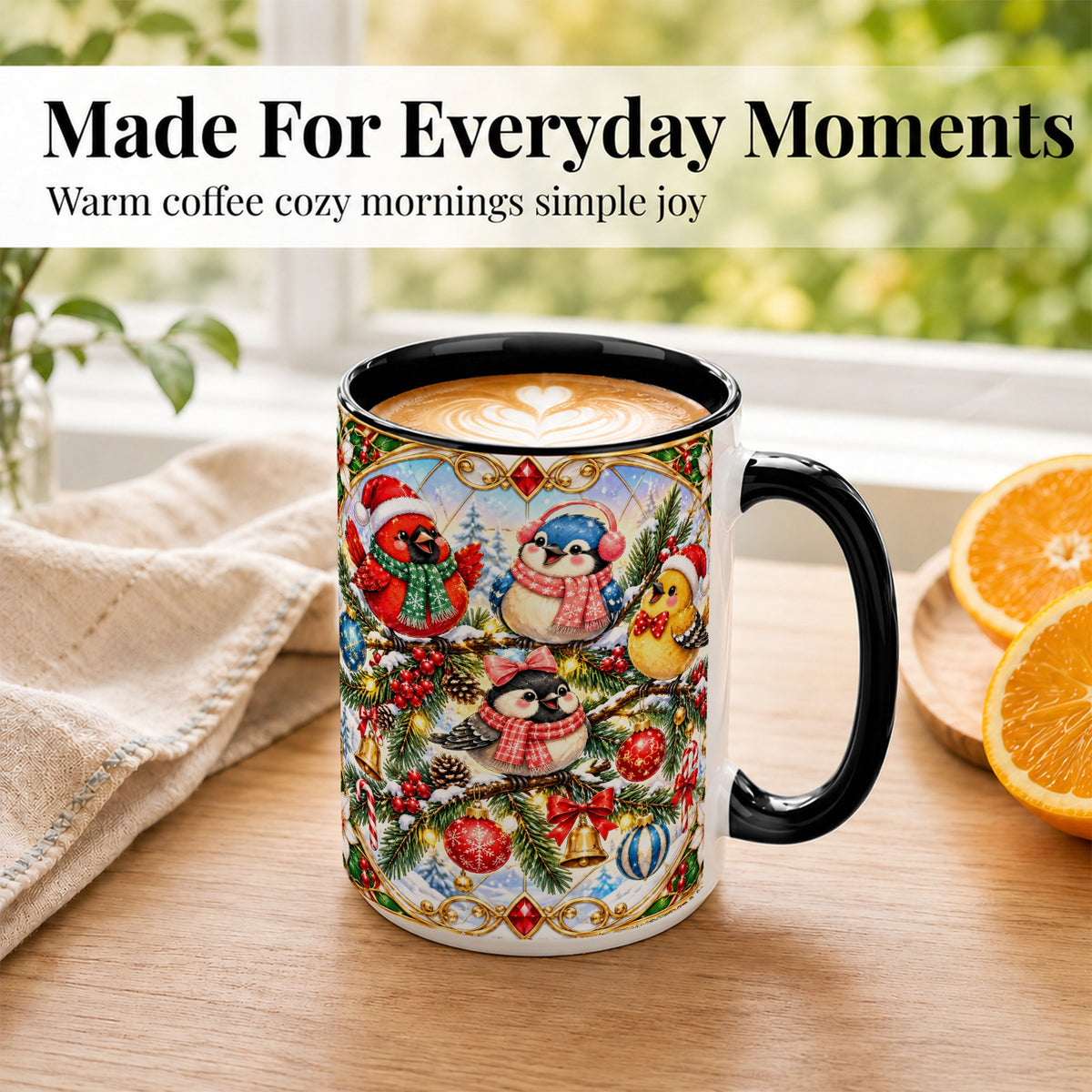 #pl[15oz|Black] Christmas Winter Birds Coffee Mug, Festive Bird Mug, Ceramic Cup
