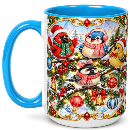 #pl[15oz|Blue] Christmas Winter Birds Coffee Mug, Festive Bird Mug, Ceramic Cup