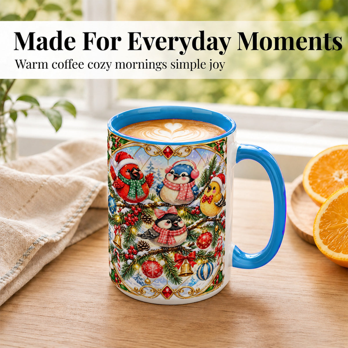 #pl[15oz|Blue] Christmas Winter Birds Coffee Mug, Festive Bird Mug, Ceramic Cup