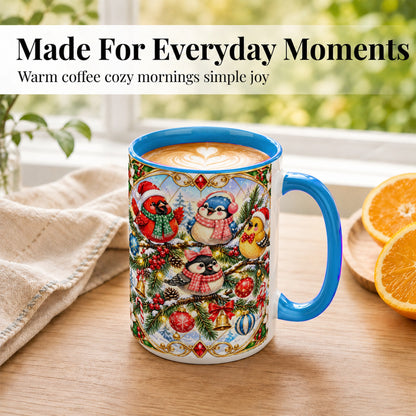 #pl[15oz|Blue] Christmas Winter Birds Coffee Mug, Festive Bird Mug, Ceramic Cup