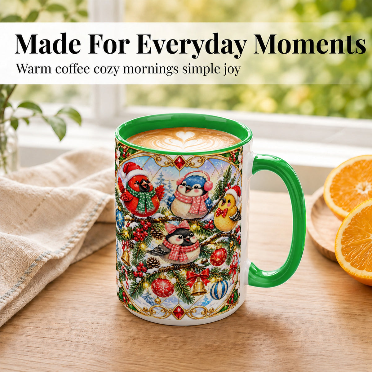 #pl[15oz|Green] Christmas Winter Birds Coffee Mug, Festive Bird Mug, Ceramic Cup