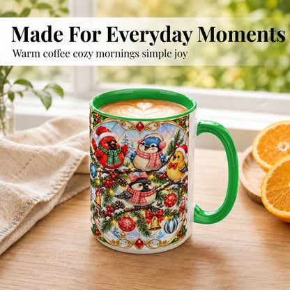#pl[15oz|Green] Christmas Winter Birds Coffee Mug, Festive Bird Mug, Ceramic Cup