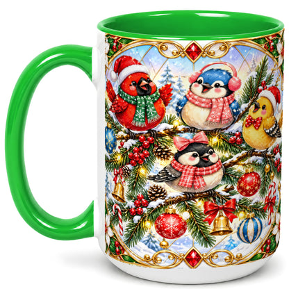 #pl[15oz|Green] Christmas Winter Birds Coffee Mug, Festive Bird Mug, Ceramic Cup