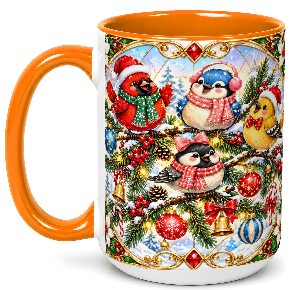 #pl[15oz|Orange] Christmas Winter Birds Coffee Mug, Festive Bird Mug, Ceramic Cup
