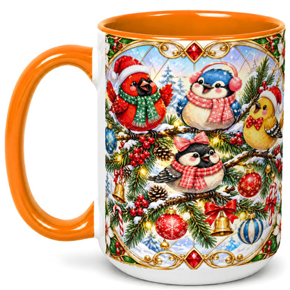 #pl[15oz|Orange] Christmas Winter Birds Coffee Mug, Festive Bird Mug, Ceramic Cup