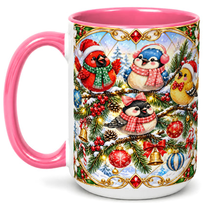 #pl[15oz|Pink] Christmas Winter Birds Coffee Mug, Festive Bird Mug, Ceramic Cup