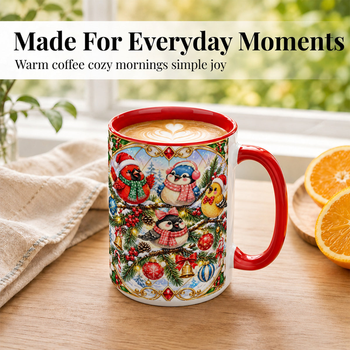 #pl[15oz|Red] Christmas Winter Birds Coffee Mug, Festive Bird Mug, Ceramic Cup