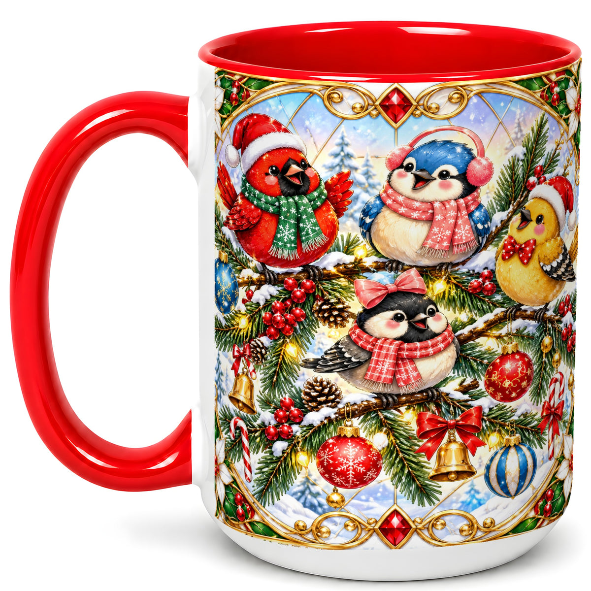 #pl[15oz|Red] Christmas Winter Birds Coffee Mug, Festive Bird Mug, Ceramic Cup
