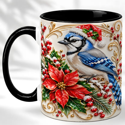 #pl[11oz|Black] Christmas Blue Jay Coffee Mug, Winter Bird Mug, Ceramic Cup