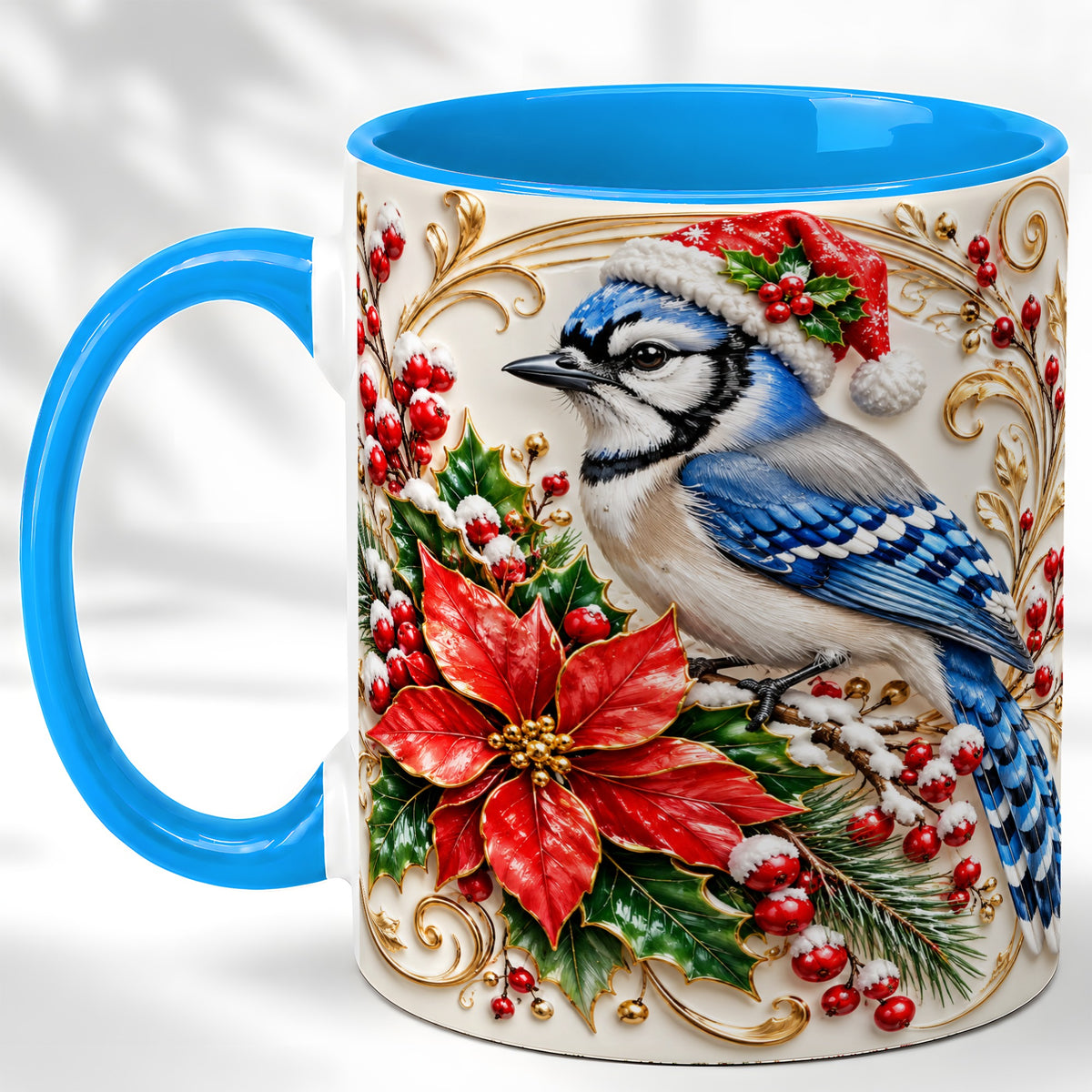 #pl[11oz|Blue] Christmas Blue Jay Coffee Mug, Winter Bird Mug, Ceramic Cup