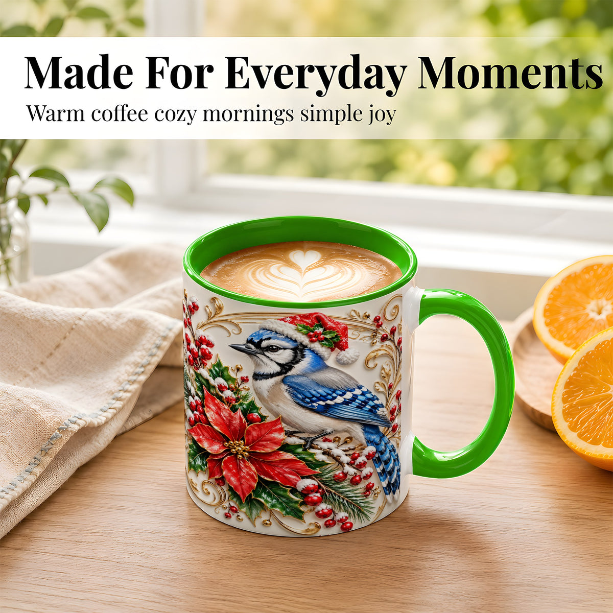#pl[11oz|Green] Christmas Blue Jay Coffee Mug, Winter Bird Mug, Ceramic Cup