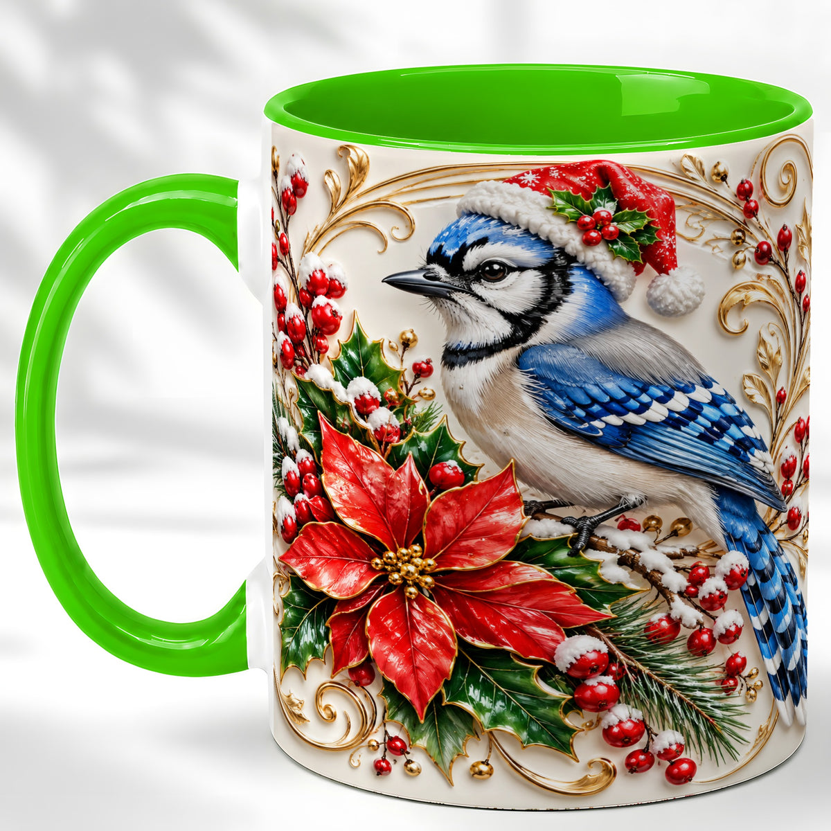 #pl[11oz|Green] Christmas Blue Jay Coffee Mug, Winter Bird Mug, Ceramic Cup