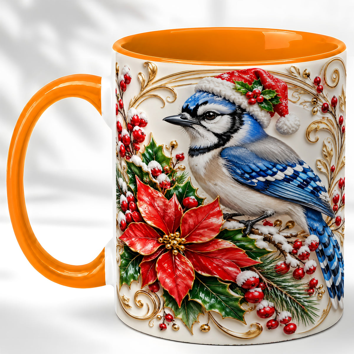 #pl[11oz|Orange] Christmas Blue Jay Coffee Mug, Winter Bird Mug, Ceramic Cup
