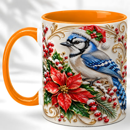 #pl[11oz|Orange] Christmas Blue Jay Coffee Mug, Winter Bird Mug, Ceramic Cup
