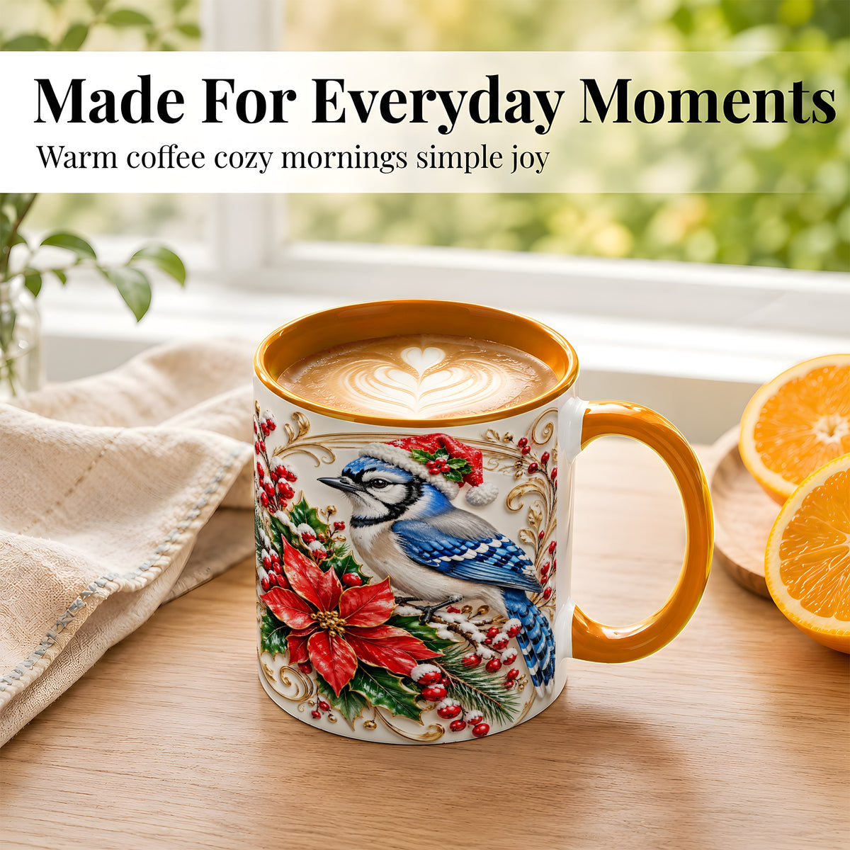 #pl[11oz|Orange] Christmas Blue Jay Coffee Mug, Winter Bird Mug, Ceramic Cup