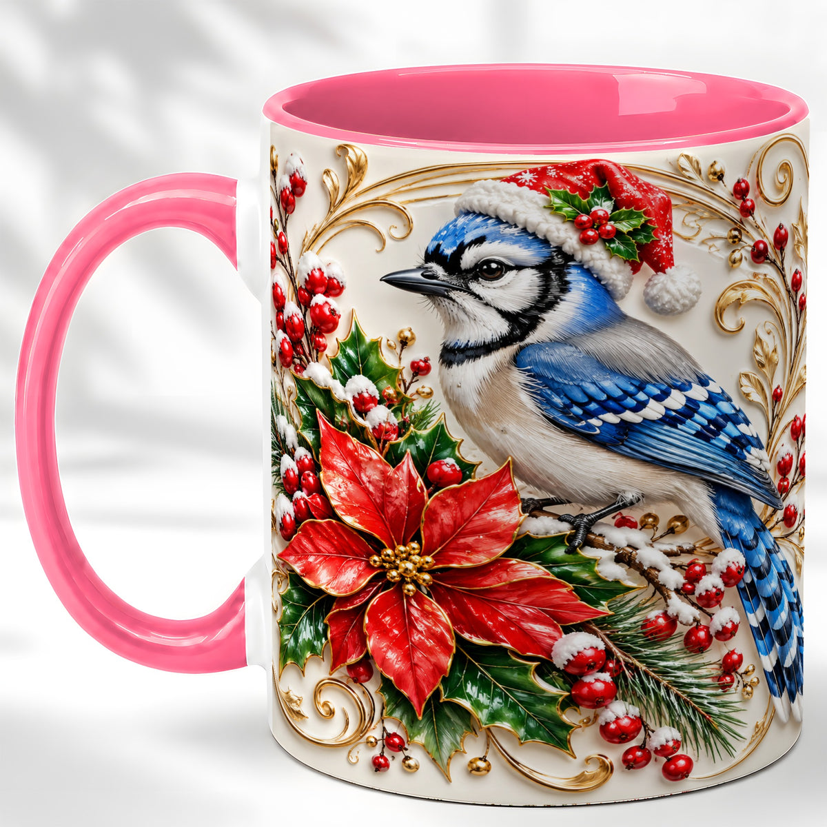 #pl[11oz|Pink] Christmas Blue Jay Coffee Mug, Winter Bird Mug, Ceramic Cup