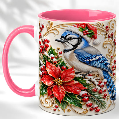 #pl[11oz|Pink] Christmas Blue Jay Coffee Mug, Winter Bird Mug, Ceramic Cup