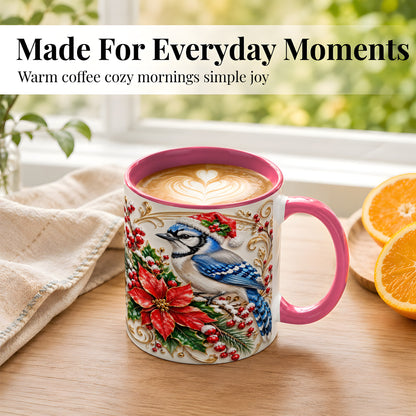 #pl[11oz|Pink] Christmas Blue Jay Coffee Mug, Winter Bird Mug, Ceramic Cup