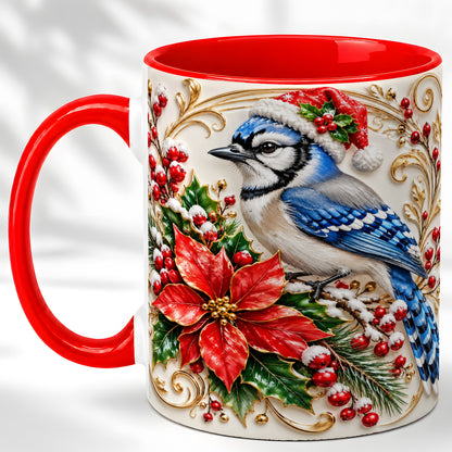 Christmas Blue Jay Coffee Mug, Winter Bird Mug, Ceramic Cup