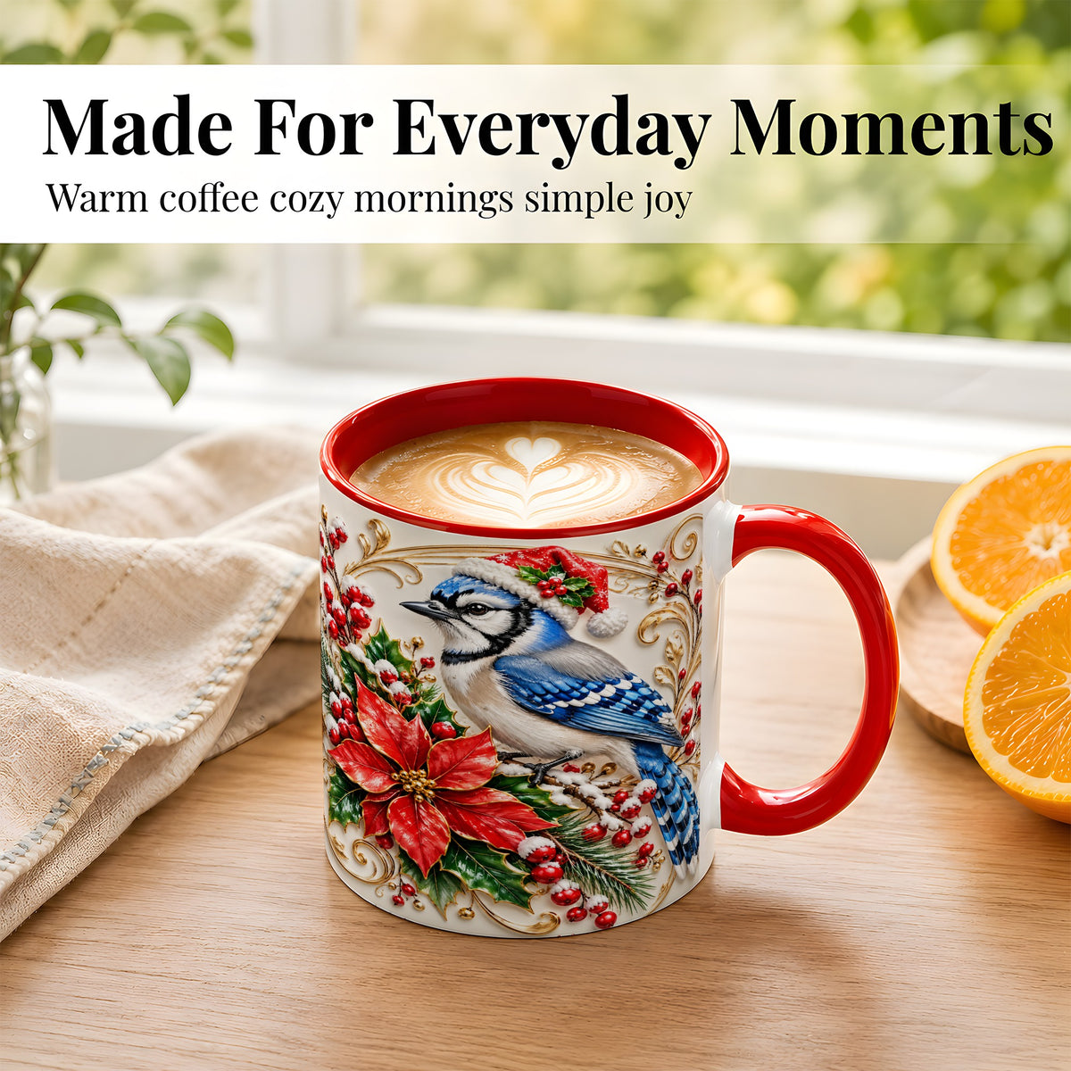 #pl[11oz|Red] Christmas Blue Jay Coffee Mug, Winter Bird Mug, Ceramic Cup