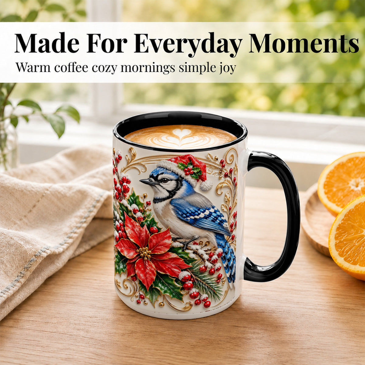 #pl[15oz|Black] Christmas Blue Jay Coffee Mug, Winter Bird Mug, Ceramic Cup