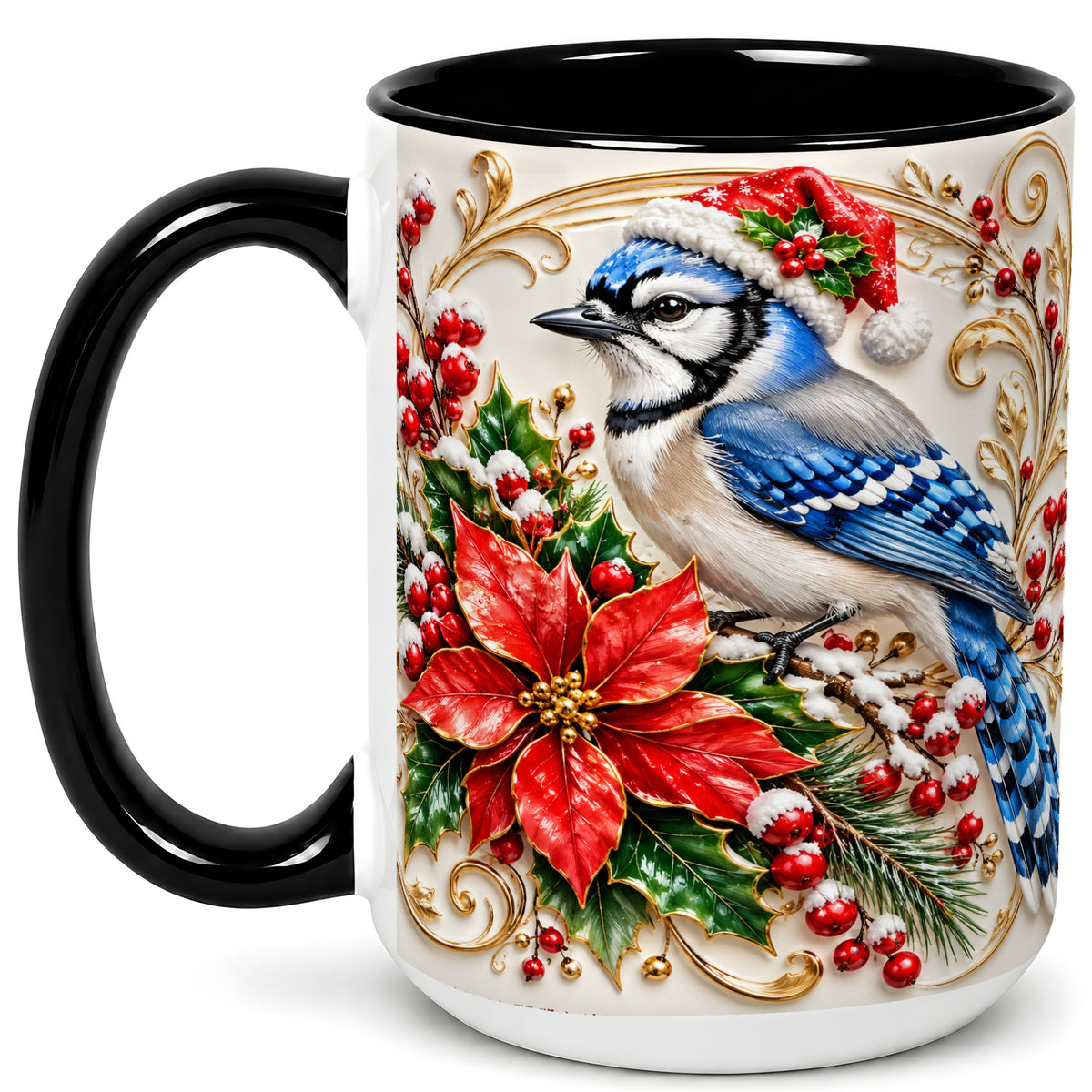 #pl[15oz|Black] Christmas Blue Jay Coffee Mug, Winter Bird Mug, Ceramic Cup