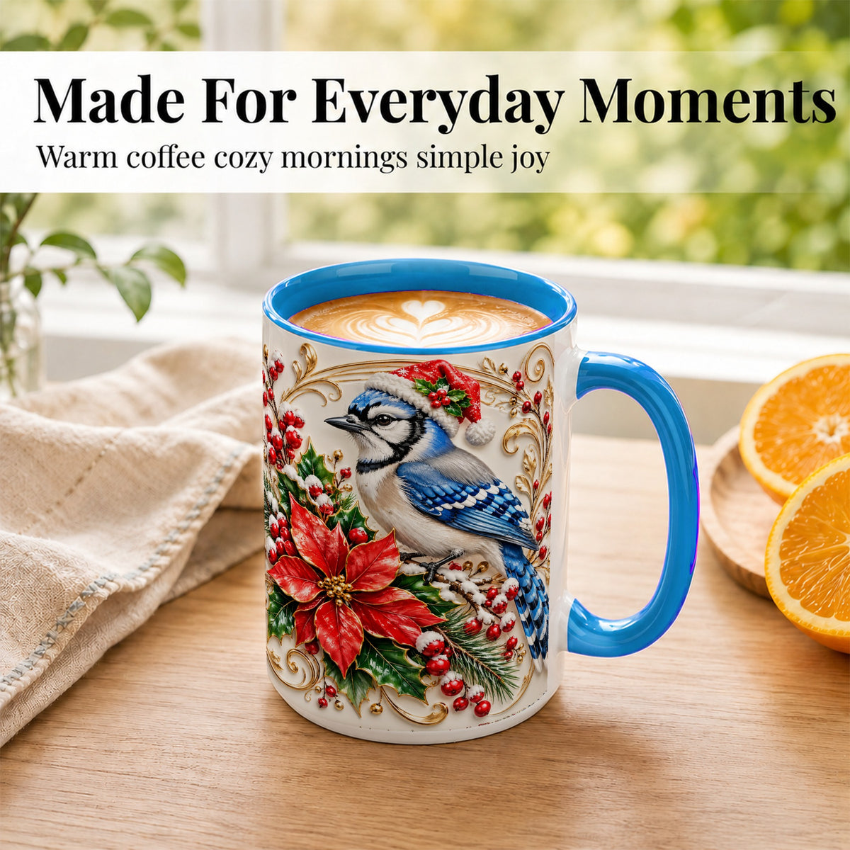 #pl[15oz|Blue] Christmas Blue Jay Coffee Mug, Winter Bird Mug, Ceramic Cup