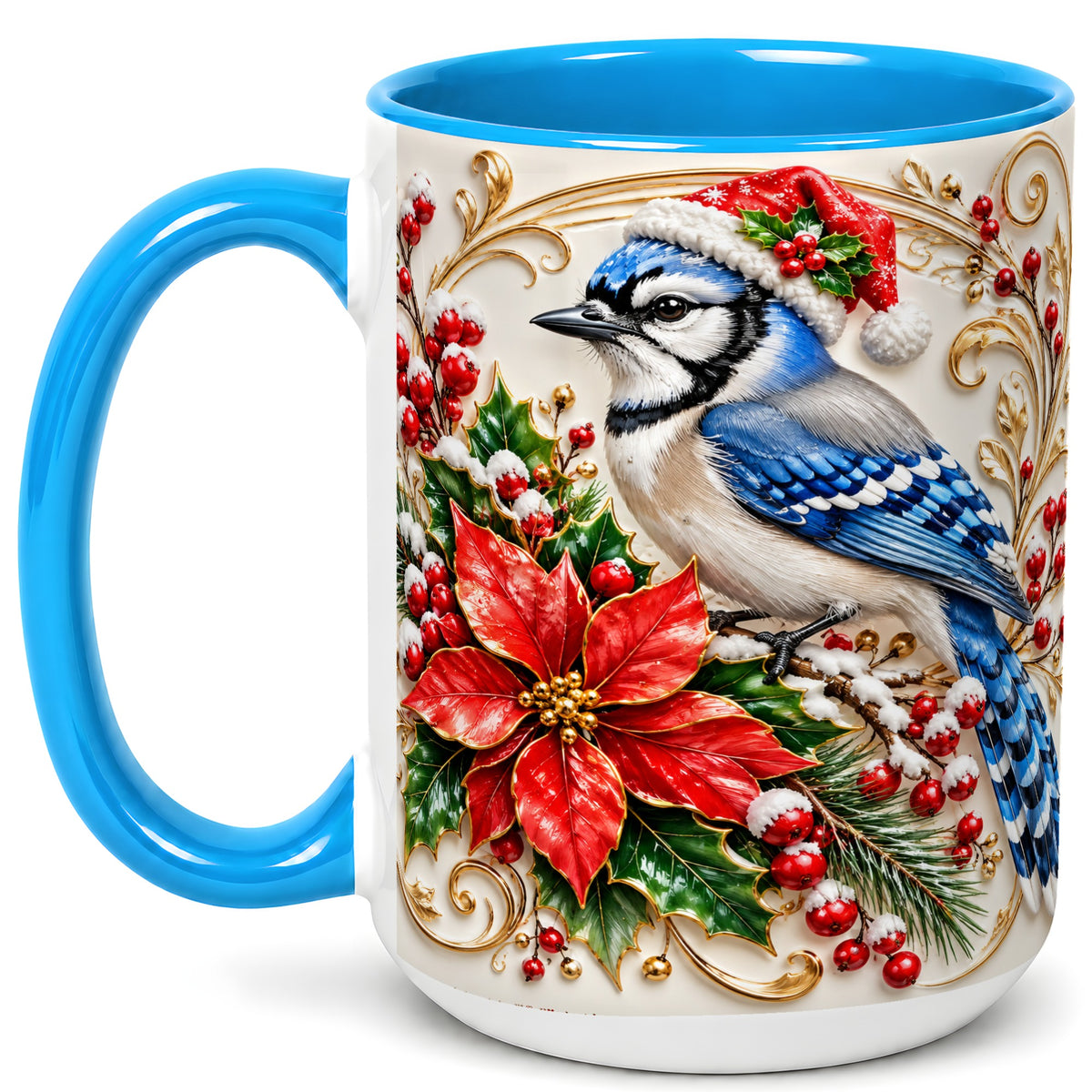 #pl[15oz|Blue] Christmas Blue Jay Coffee Mug, Winter Bird Mug, Ceramic Cup
