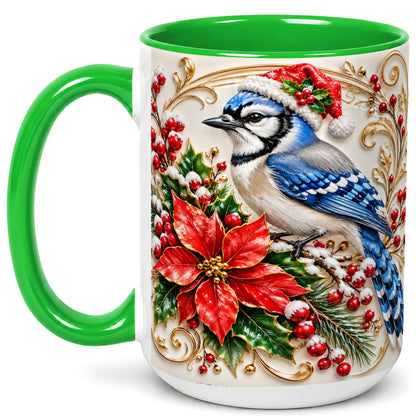 #pl[15oz|Green] Christmas Blue Jay Coffee Mug, Winter Bird Mug, Ceramic Cup