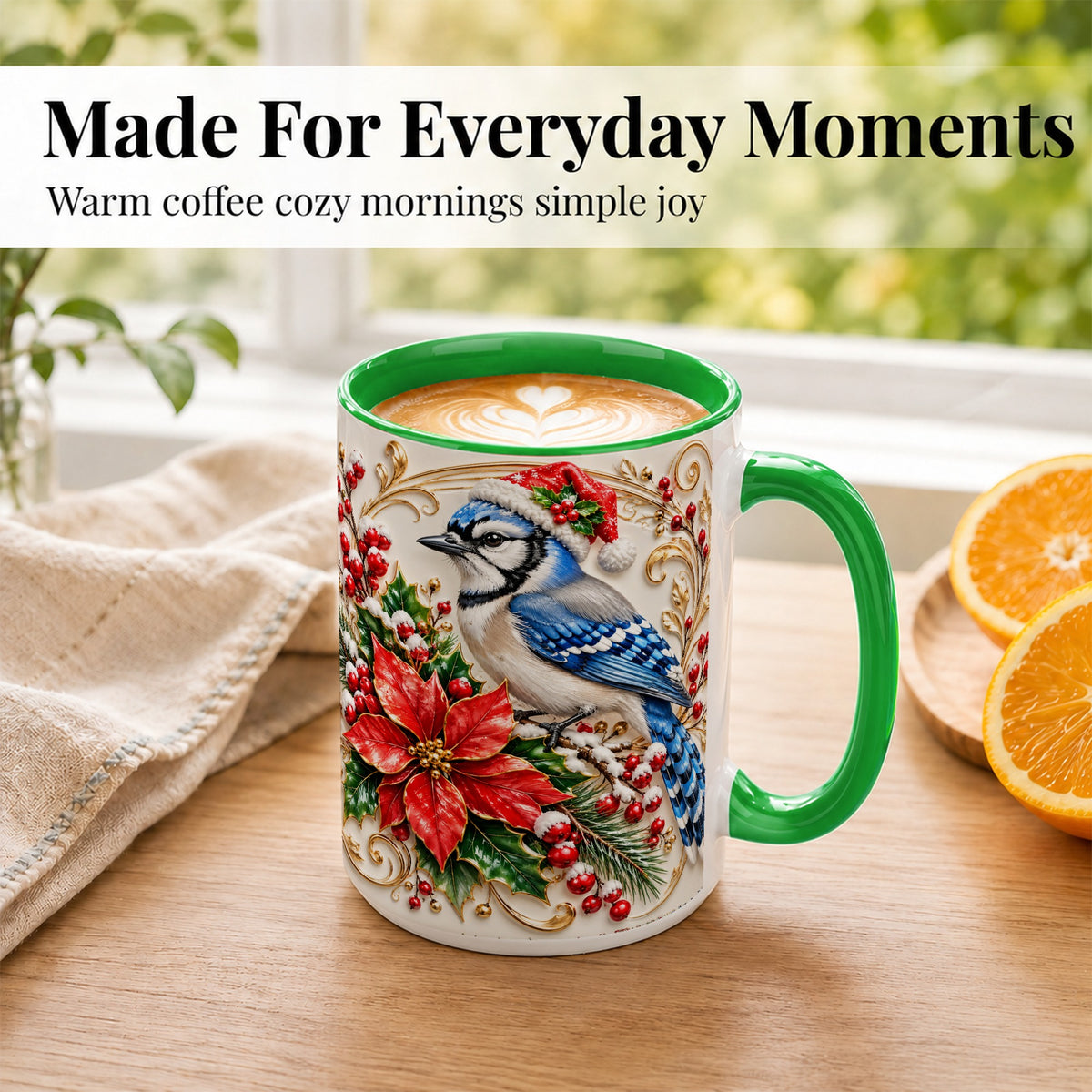 #pl[15oz|Green] Christmas Blue Jay Coffee Mug, Winter Bird Mug, Ceramic Cup