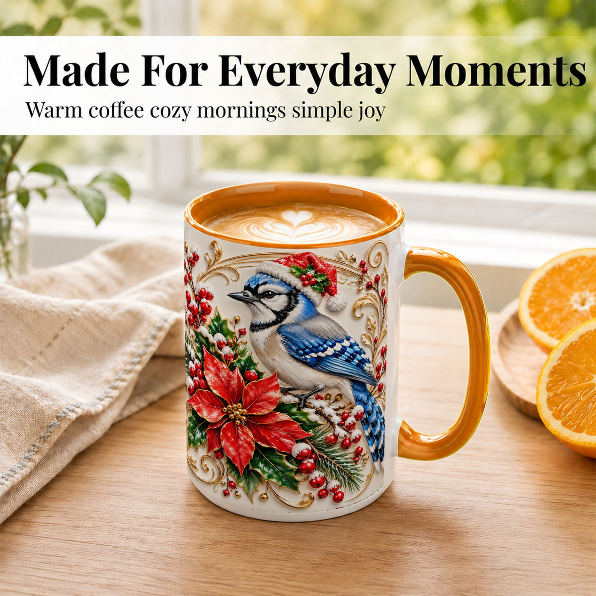 #pl[15oz|Orange] Christmas Blue Jay Coffee Mug, Winter Bird Mug, Ceramic Cup