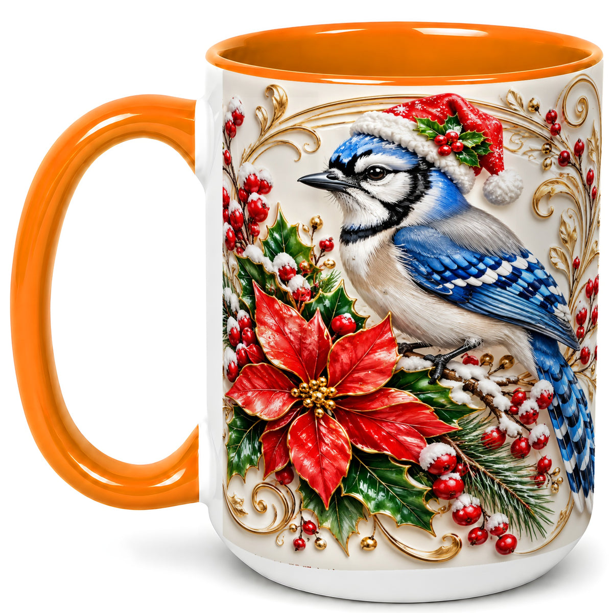 #pl[15oz|Orange] Christmas Blue Jay Coffee Mug, Winter Bird Mug, Ceramic Cup