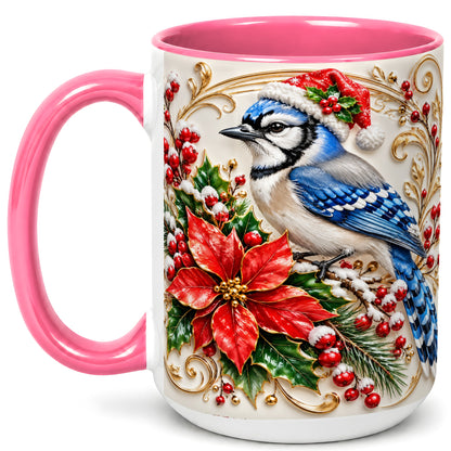 #pl[15oz|Pink] Christmas Blue Jay Coffee Mug, Winter Bird Mug, Ceramic Cup