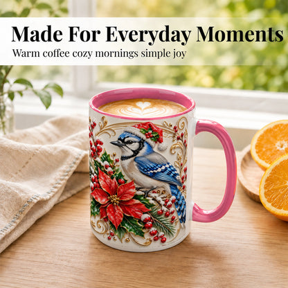 #pl[15oz|Pink] Christmas Blue Jay Coffee Mug, Winter Bird Mug, Ceramic Cup
