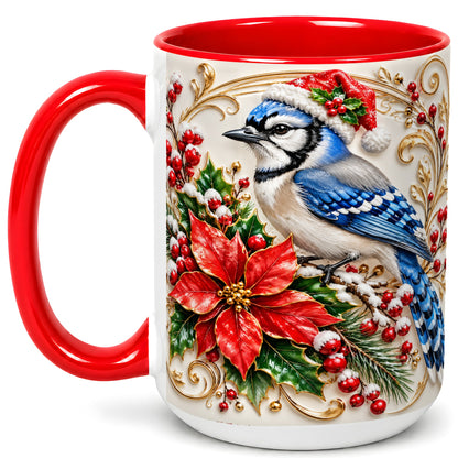#pl[15oz|Red] Christmas Blue Jay Coffee Mug, Winter Bird Mug, Ceramic Cup