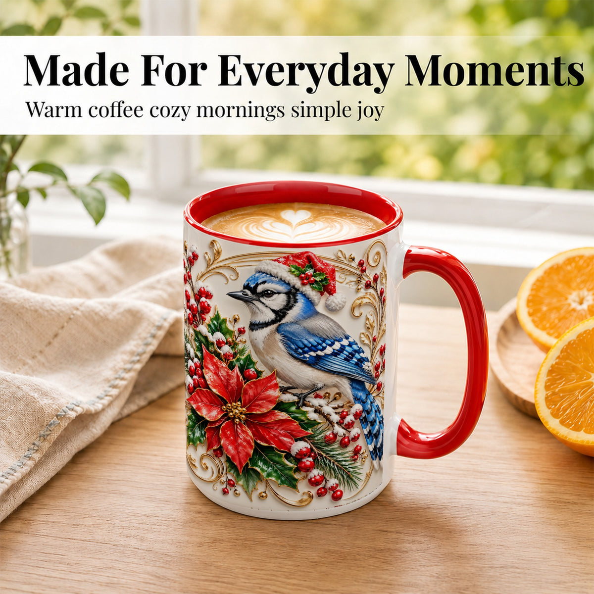 #pl[15oz|Red] Christmas Blue Jay Coffee Mug, Winter Bird Mug, Ceramic Cup
