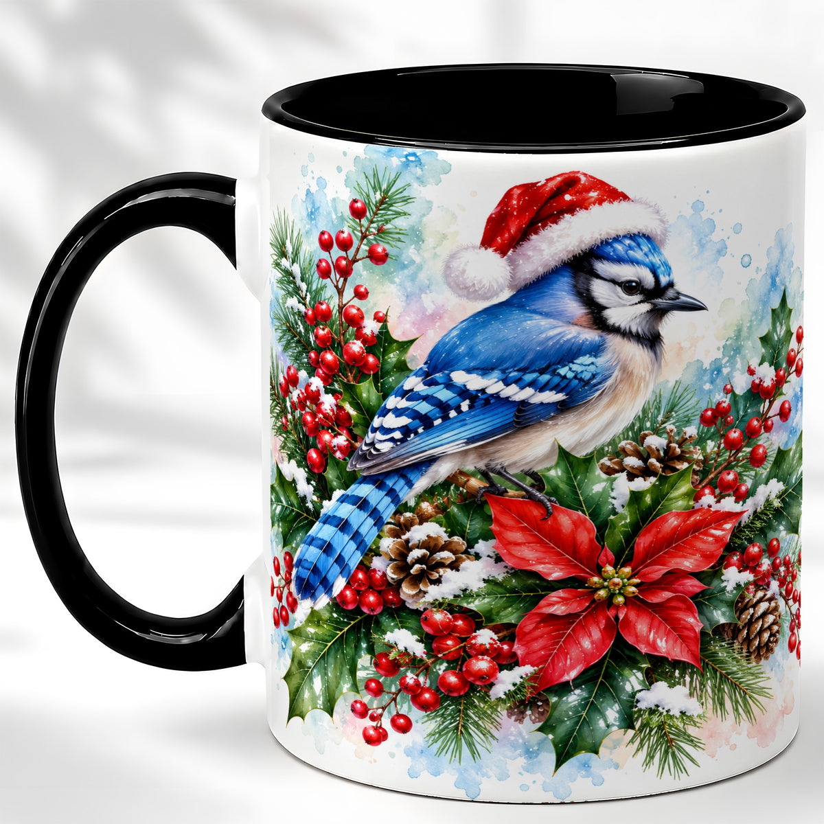 #pl[11oz|Black] Watercolor Blue Jay Coffee Mug, Christmas Bird Mug, Ceramic Cup