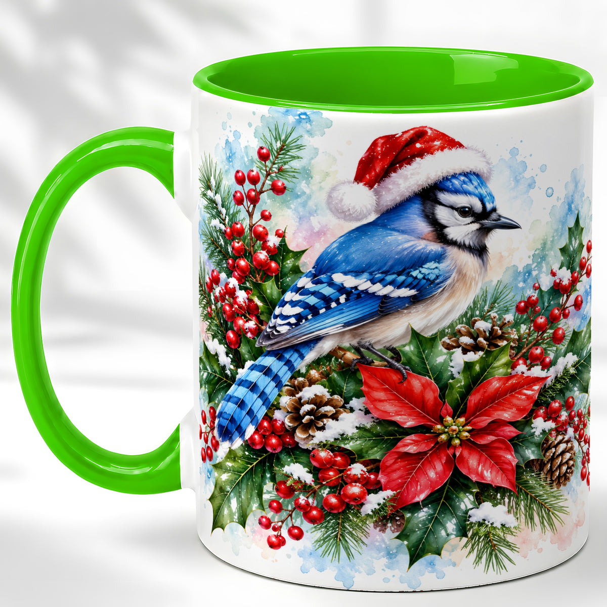 #pl[11oz|Green] Watercolor Blue Jay Coffee Mug, Christmas Bird Mug, Ceramic Cup