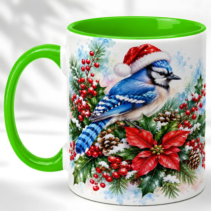 #pl[11oz|Green] Watercolor Blue Jay Coffee Mug, Christmas Bird Mug, Ceramic Cup