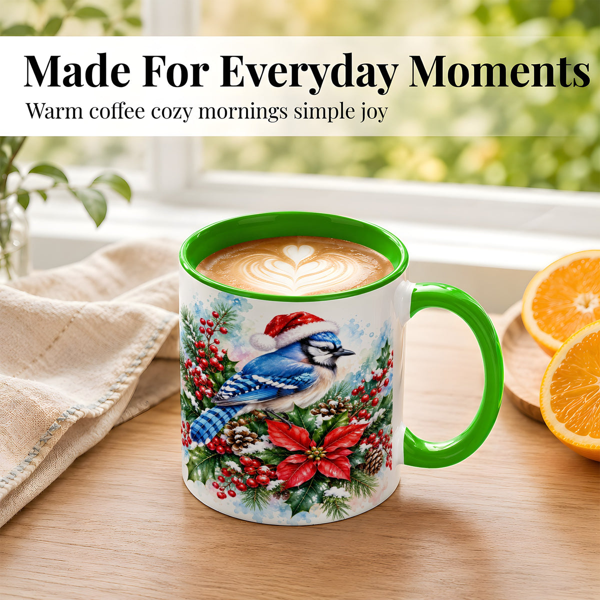 #pl[11oz|Green] Watercolor Blue Jay Coffee Mug, Christmas Bird Mug, Ceramic Cup