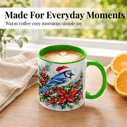 #pl[11oz|Green] Watercolor Blue Jay Coffee Mug, Christmas Bird Mug, Ceramic Cup