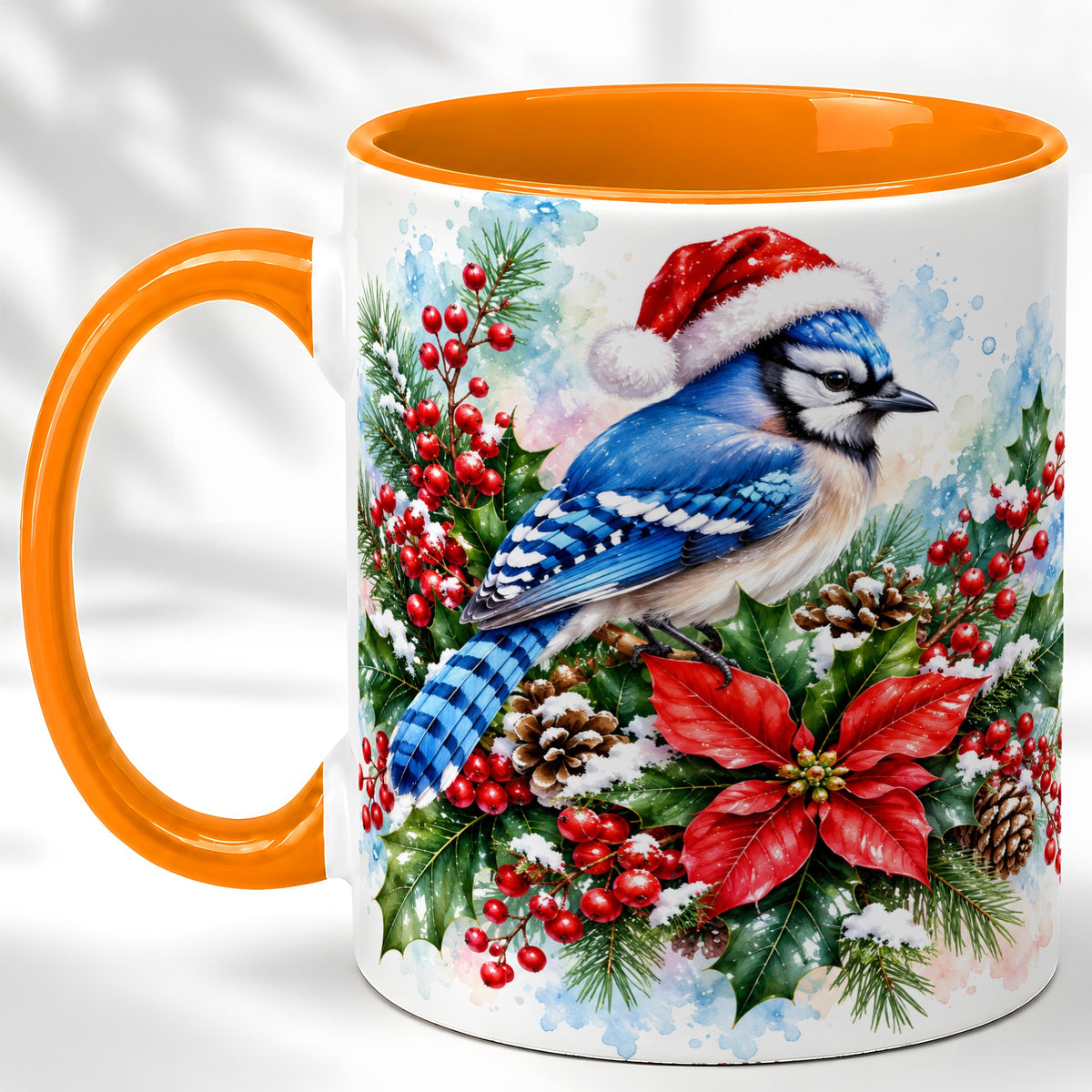 #pl[11oz|Orange] Watercolor Blue Jay Coffee Mug, Christmas Bird Mug, Ceramic Cup