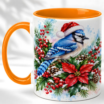 #pl[11oz|Orange] Watercolor Blue Jay Coffee Mug, Christmas Bird Mug, Ceramic Cup