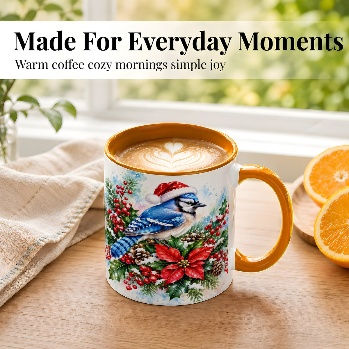 #pl[11oz|Orange] Watercolor Blue Jay Coffee Mug, Christmas Bird Mug, Ceramic Cup