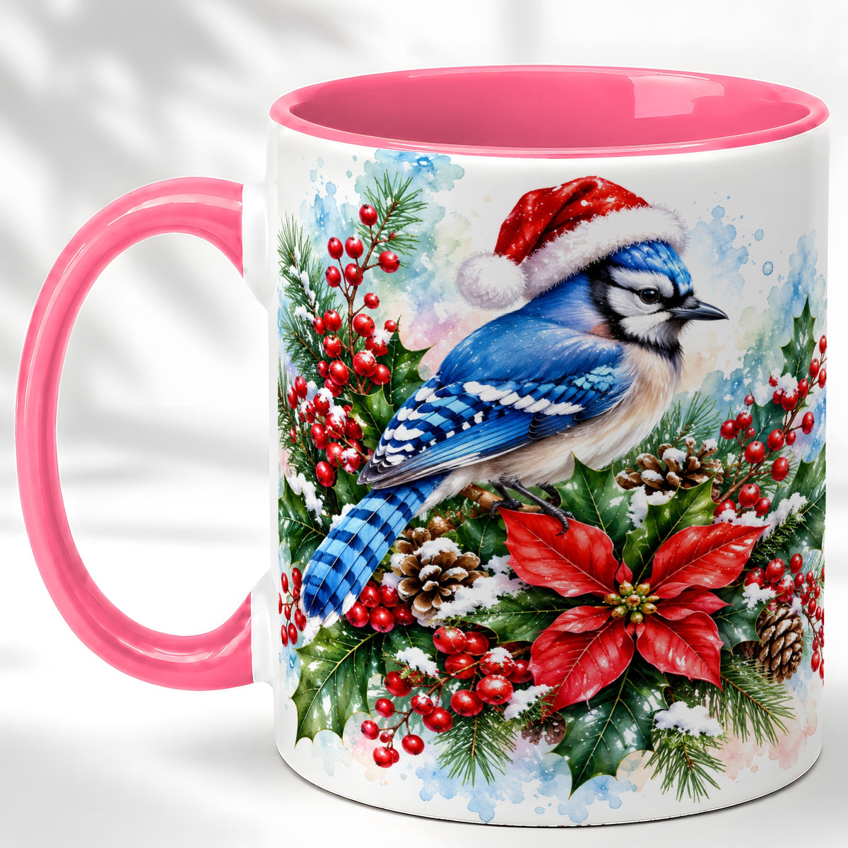#pl[11oz|Pink] Watercolor Blue Jay Coffee Mug, Christmas Bird Mug, Ceramic Cup