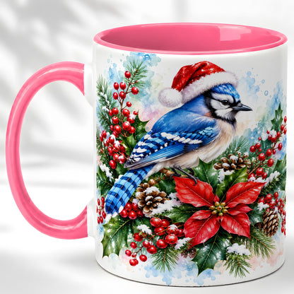 #pl[11oz|Pink] Watercolor Blue Jay Coffee Mug, Christmas Bird Mug, Ceramic Cup