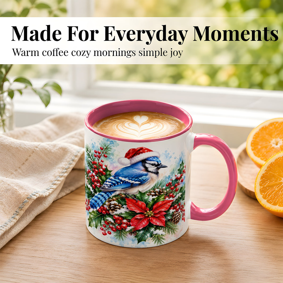 #pl[11oz|Pink] Watercolor Blue Jay Coffee Mug, Christmas Bird Mug, Ceramic Cup