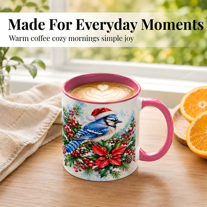 #pl[11oz|Pink] Watercolor Blue Jay Coffee Mug, Christmas Bird Mug, Ceramic Cup