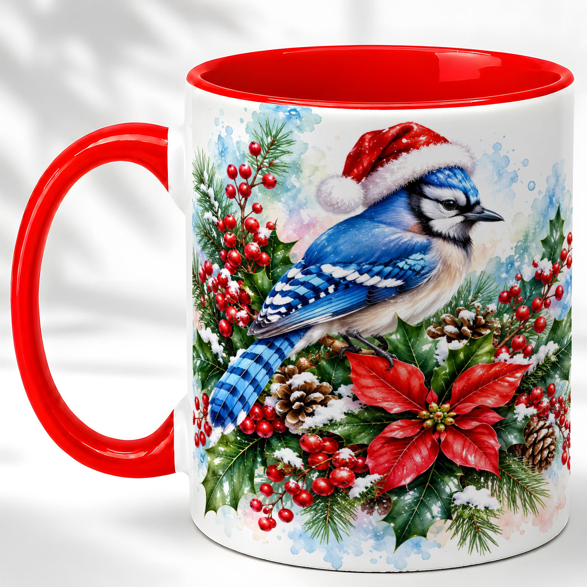 Watercolor Blue Jay Coffee Mug, Christmas Bird Mug, Ceramic Cup