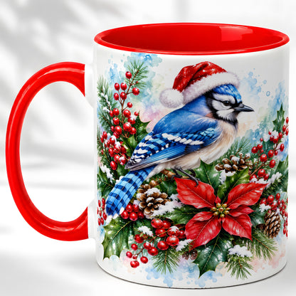 Watercolor Blue Jay Coffee Mug, Christmas Bird Mug, Ceramic Cup